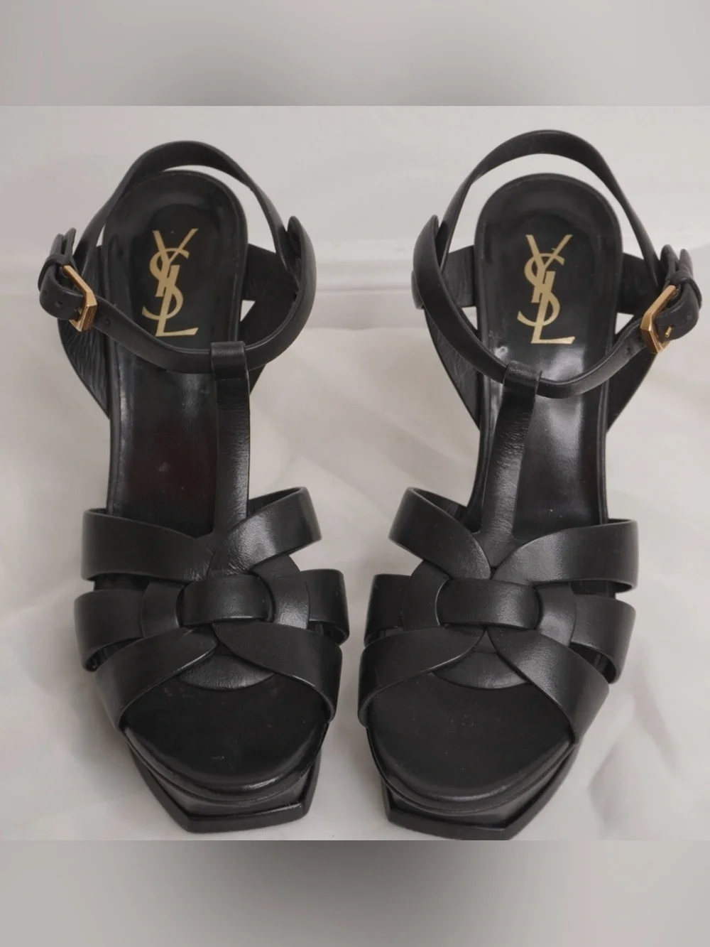 Saint Laurent Black Leather Woven T-Strap Platform Heels - Picture 2 of 12